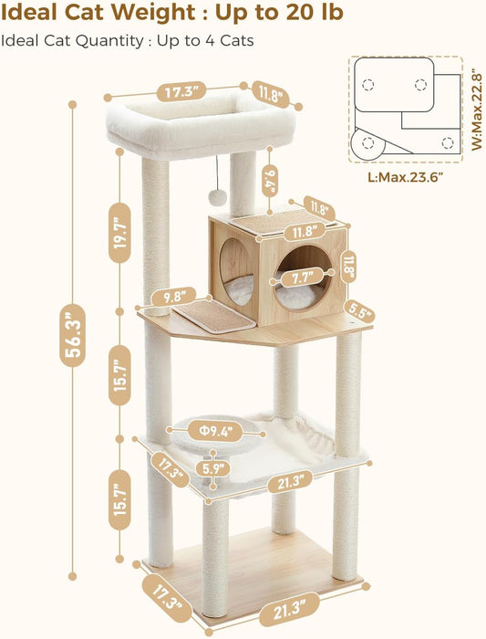 Pawz Road Tall Cat Tree [56.3''=143CM] for Large Cats, Wood Modern Cat Tower with Sisal Covered Scratching Posts, Cozy Condo and Super Large Hammock for Indoor Cats, Beige