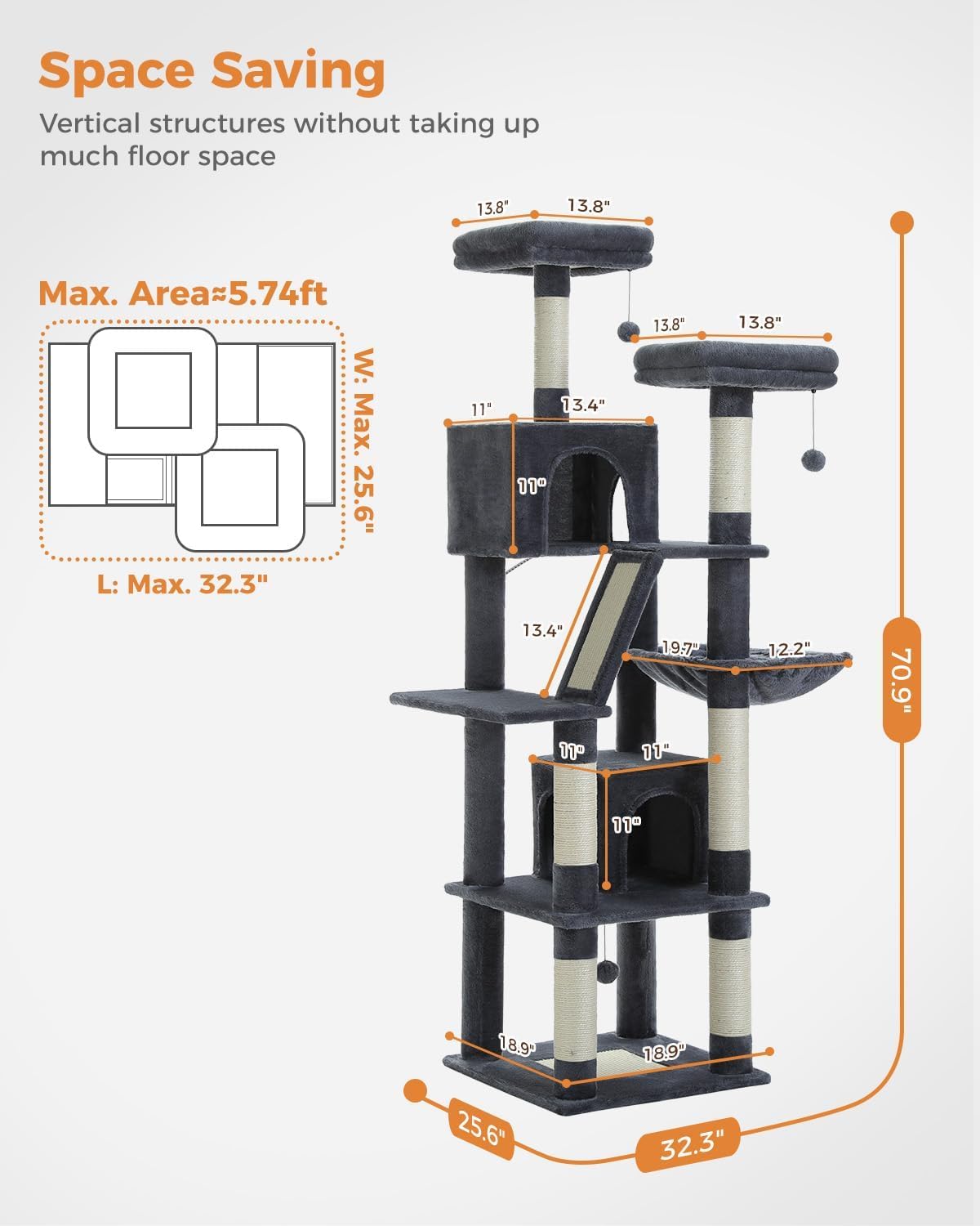 Pawz Road Large Cat Tree for Indoor Cats [70.9"=180cm], Tall Cat Tower for Large Cats, Multi-Level Plush Arbre à Chat with 6 Scratching Posts, 2 Condos, 2 Perches, Hammock, Pompoms, Dark