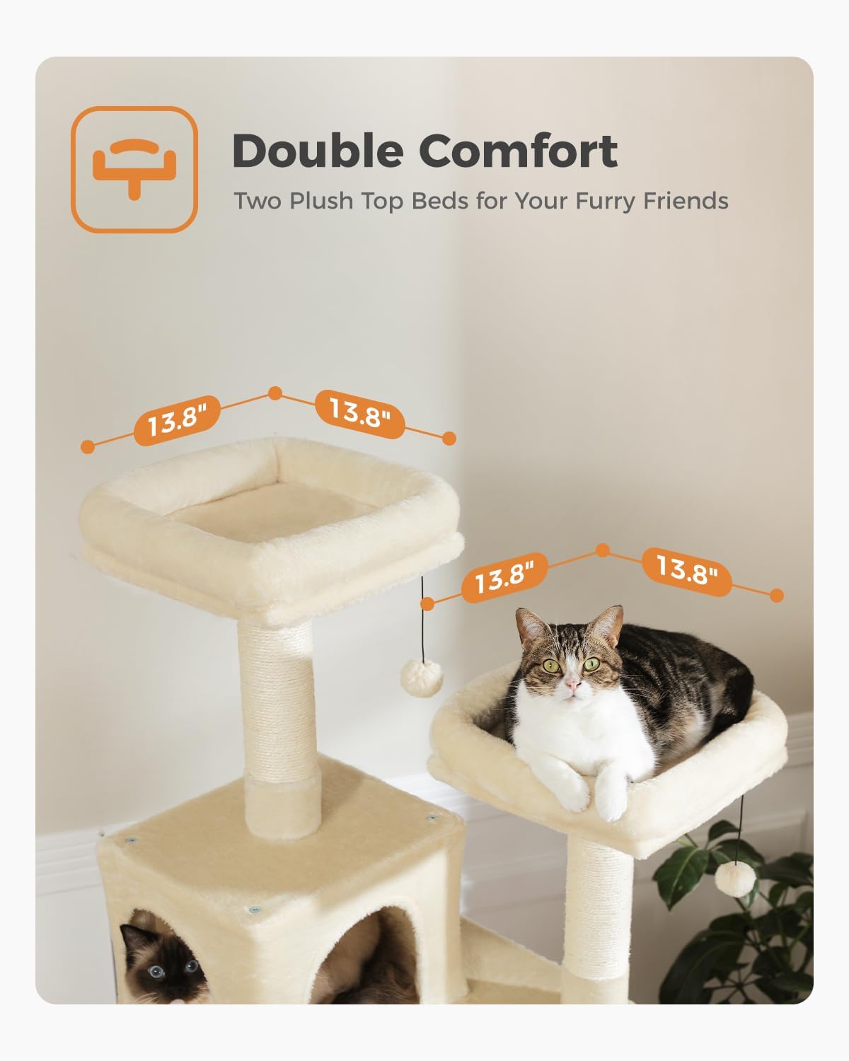 Cat tree with plush top beds for cats, labeled 'Double Comfort' with dimensions.
