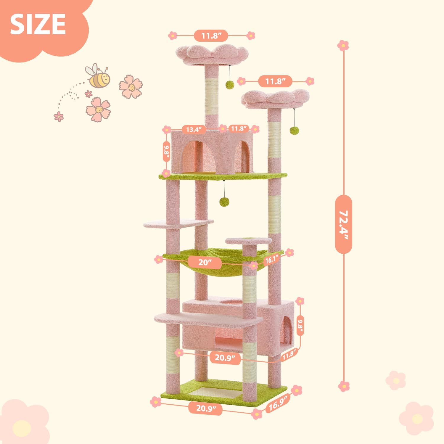 Measurement chart of a pink and green cat tree with dimensions on a white background