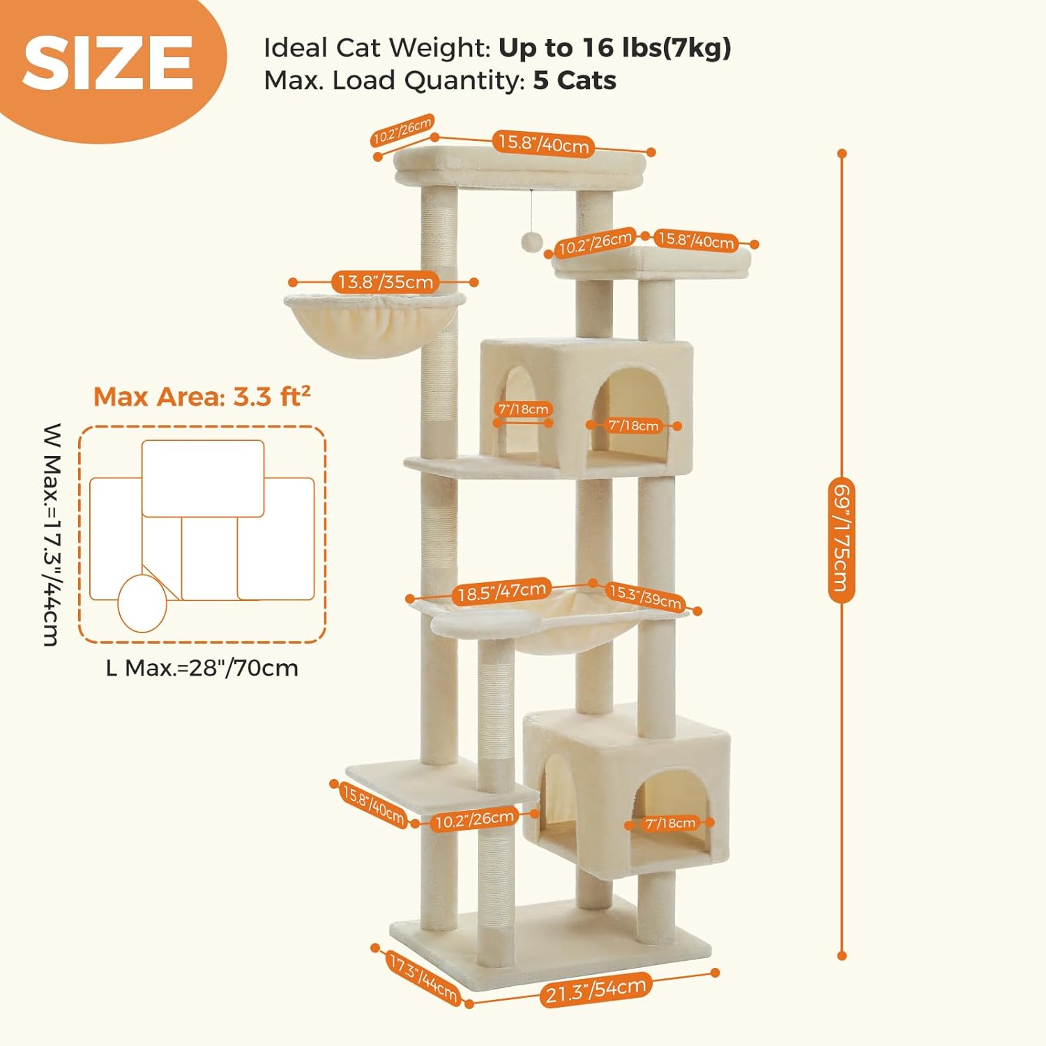 Cat tree with dimensions and weight capacity information on a white background