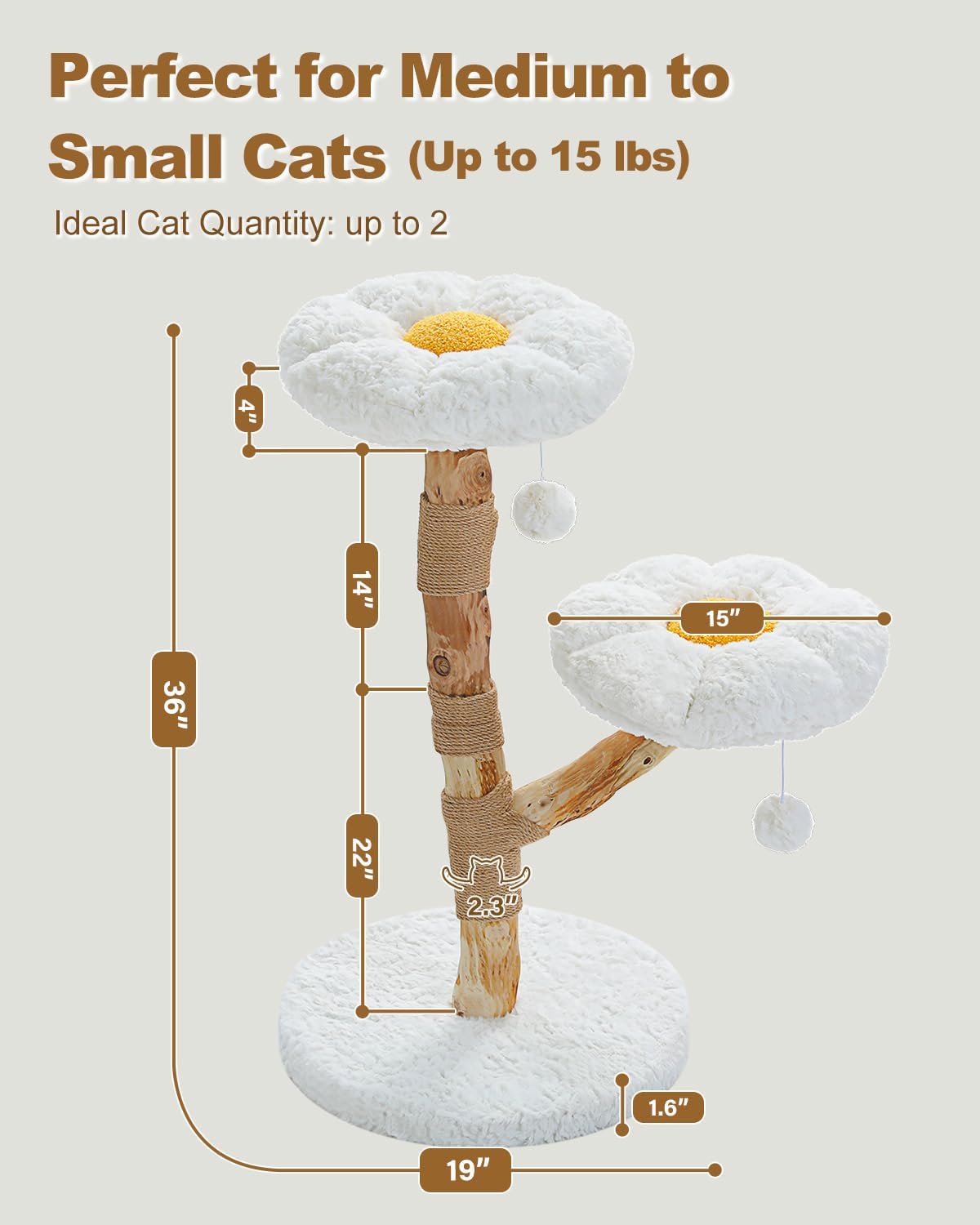 PAWZ Road 36-Inch Modern Luxury Wood Cat Tree, Natural Wood, Flower Design for Indoor Cats, White