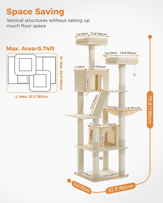 Cat tree with dimensions and space-saving features on a white background