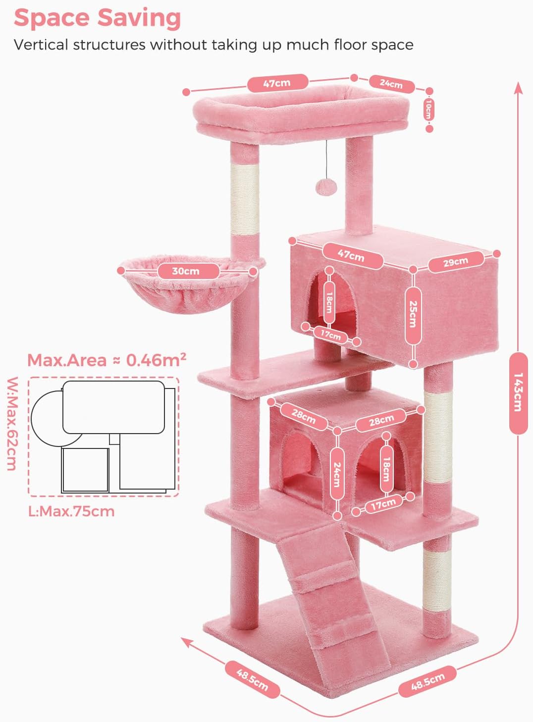 Pink cat tree with dimensions and space-saving features on a white background