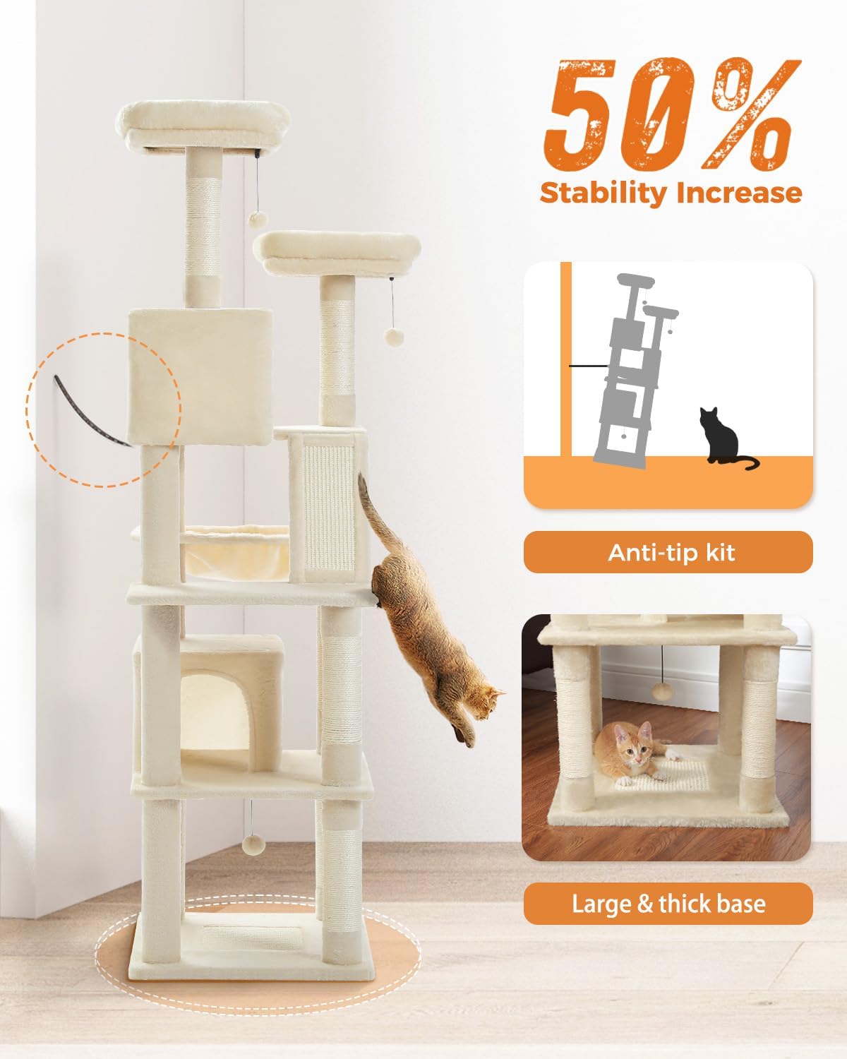 Cat tree with stability features highlighted on a white background