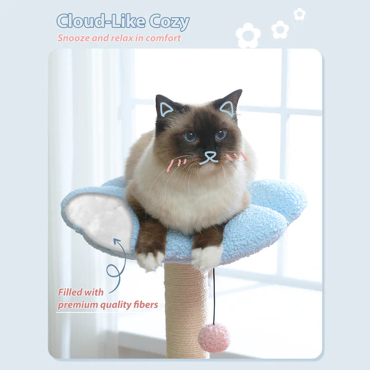 Cat sitting on a cloud-like cozy perch with text about comfort and premium fibers.