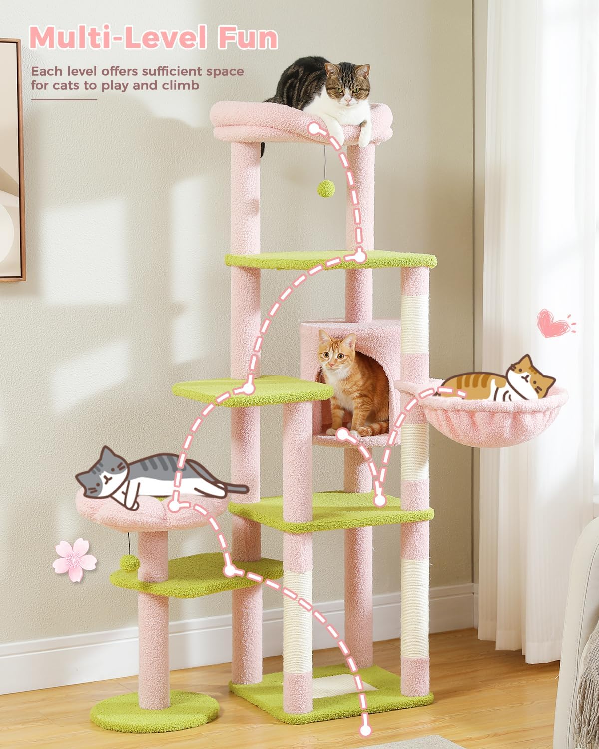 Cat tree with multiple levels and cats on a light-colored floor.