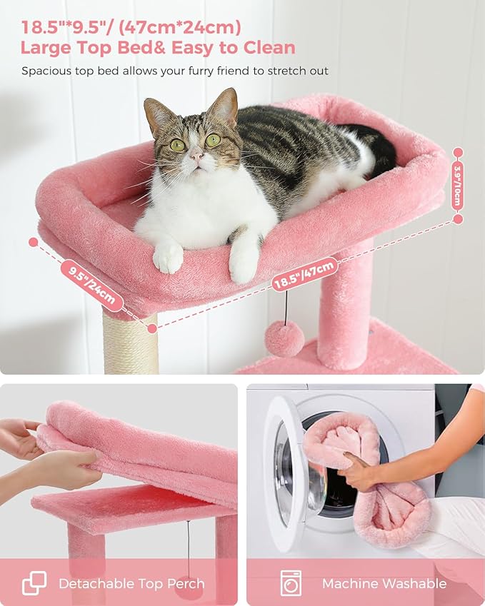 Pink cat bed with a cat sitting on it, showing detachable top perch and machine washable features.