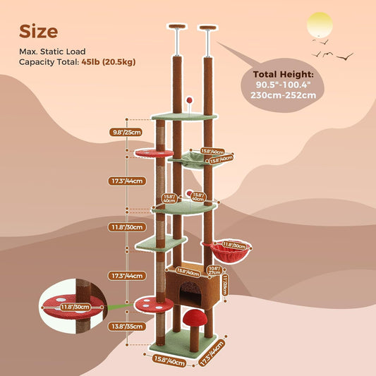 PAWZ Road Mushroom Cat Tree, Adjustable Floor-to-Ceiling Cat Tower (90.5"-100.4") with Cat Condo, Cozy Hammock, and Scratching Post, Tall Activity Tree for Indoor Cats, Brown