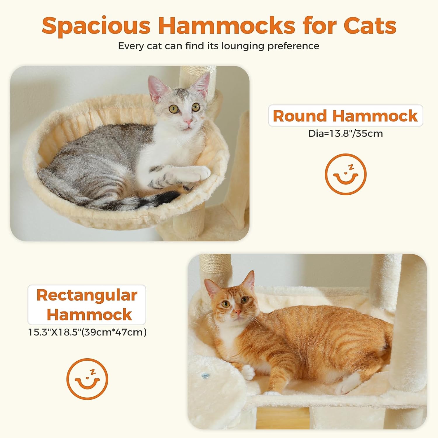 Two cats on round and rectangular cat hammocks with product details.