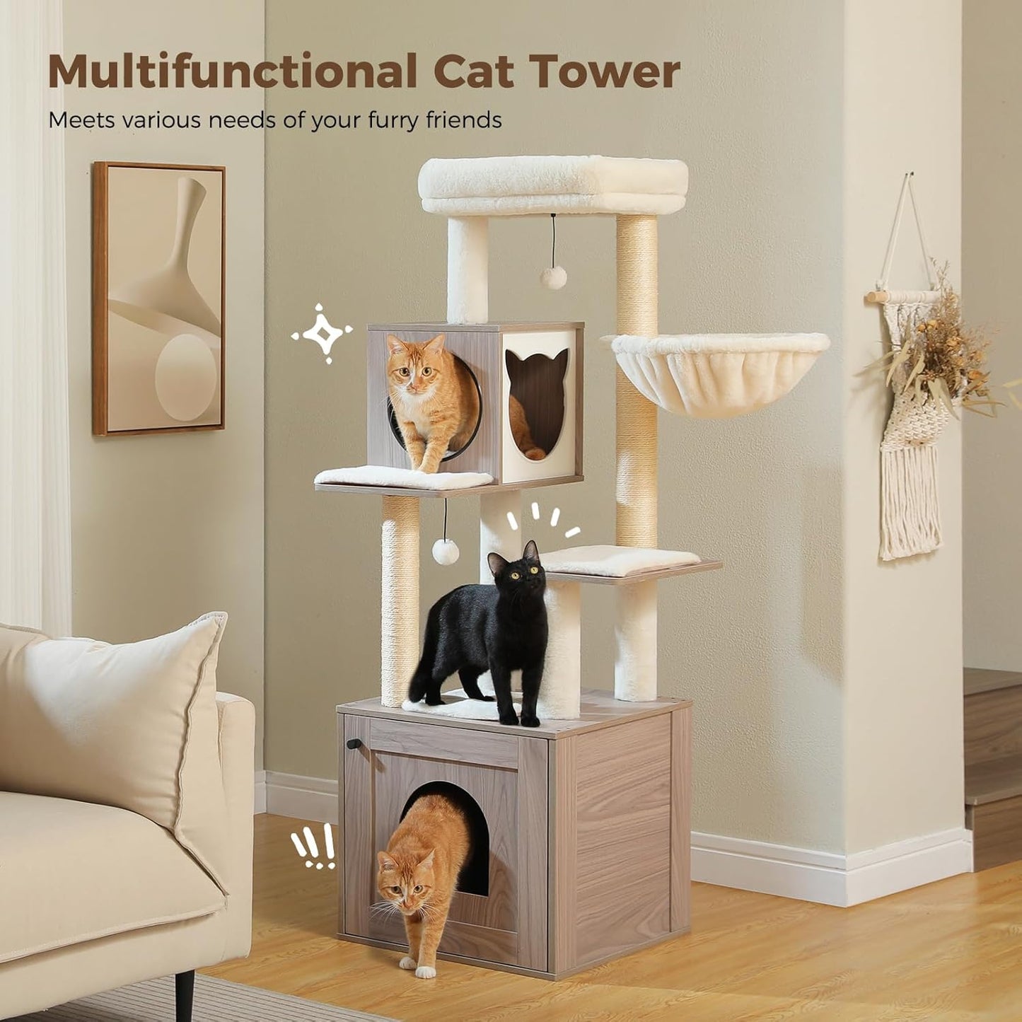 Pawz Road Modern Wooden Cat Tower – Multi-Level Tree with Storage Base, Condo & Hammock