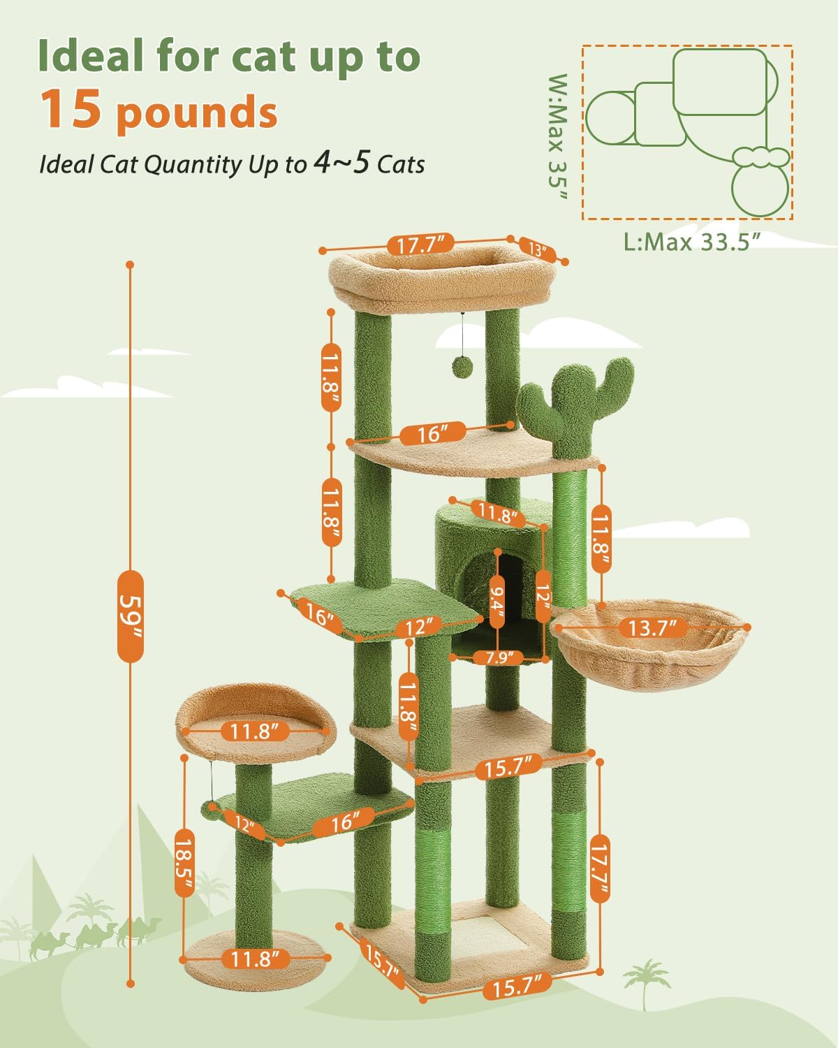 Cat tree with dimensions and text indicating ideal use for cats up to 15 pounds.