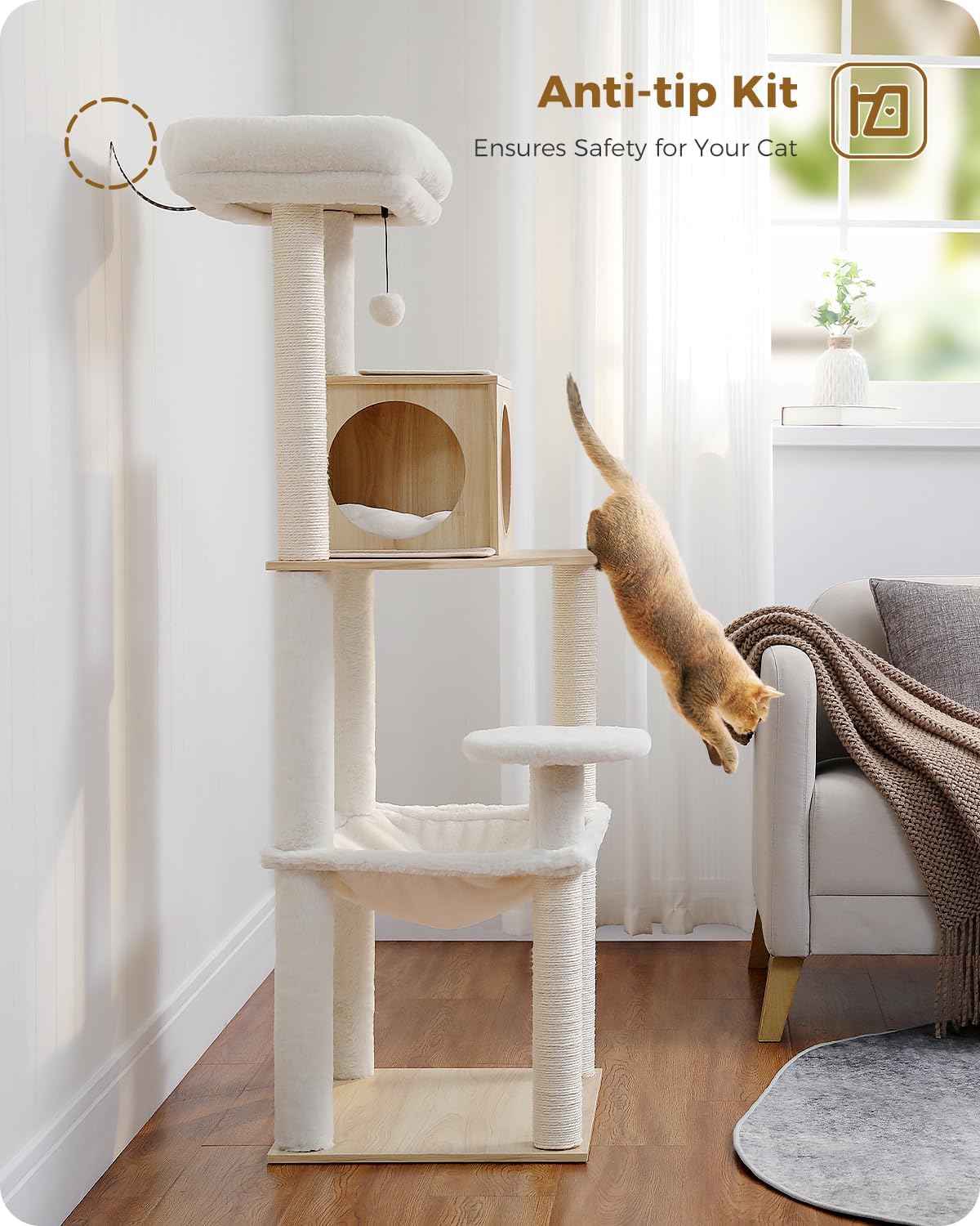 Pawz Road Tall Cat Tree [56.3''=143CM] for Large Cats, Wood Modern Cat Tower with Sisal Covered Scratching Posts, Cozy Condo and Super Large Hammock for Indoor Cats, Beige