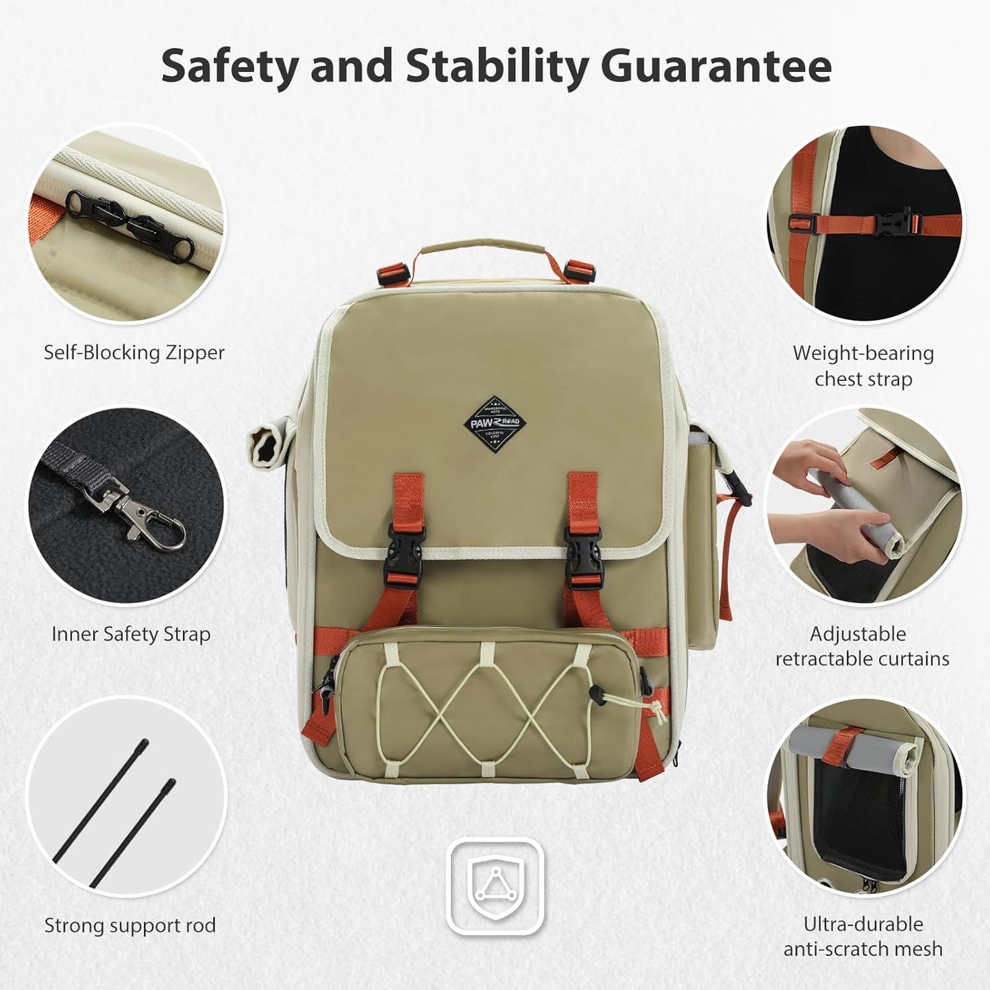 Beige backpack with safety features highlighted on a white background