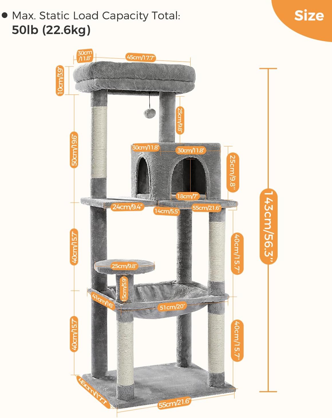 pawz road Cat tree with dimensions labeled on a white background