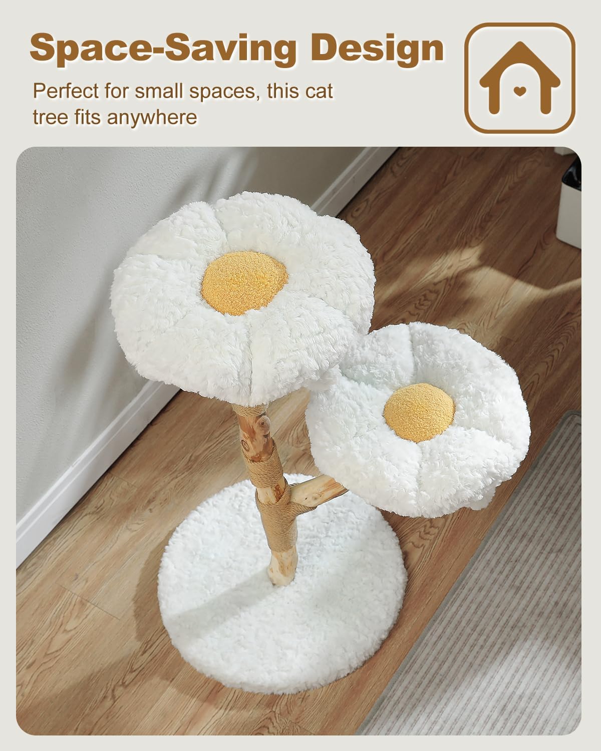 PAWZ Road 36-Inch Modern Luxury Wood Cat Tree, Natural Wood, Flower Design for Indoor Cats, White