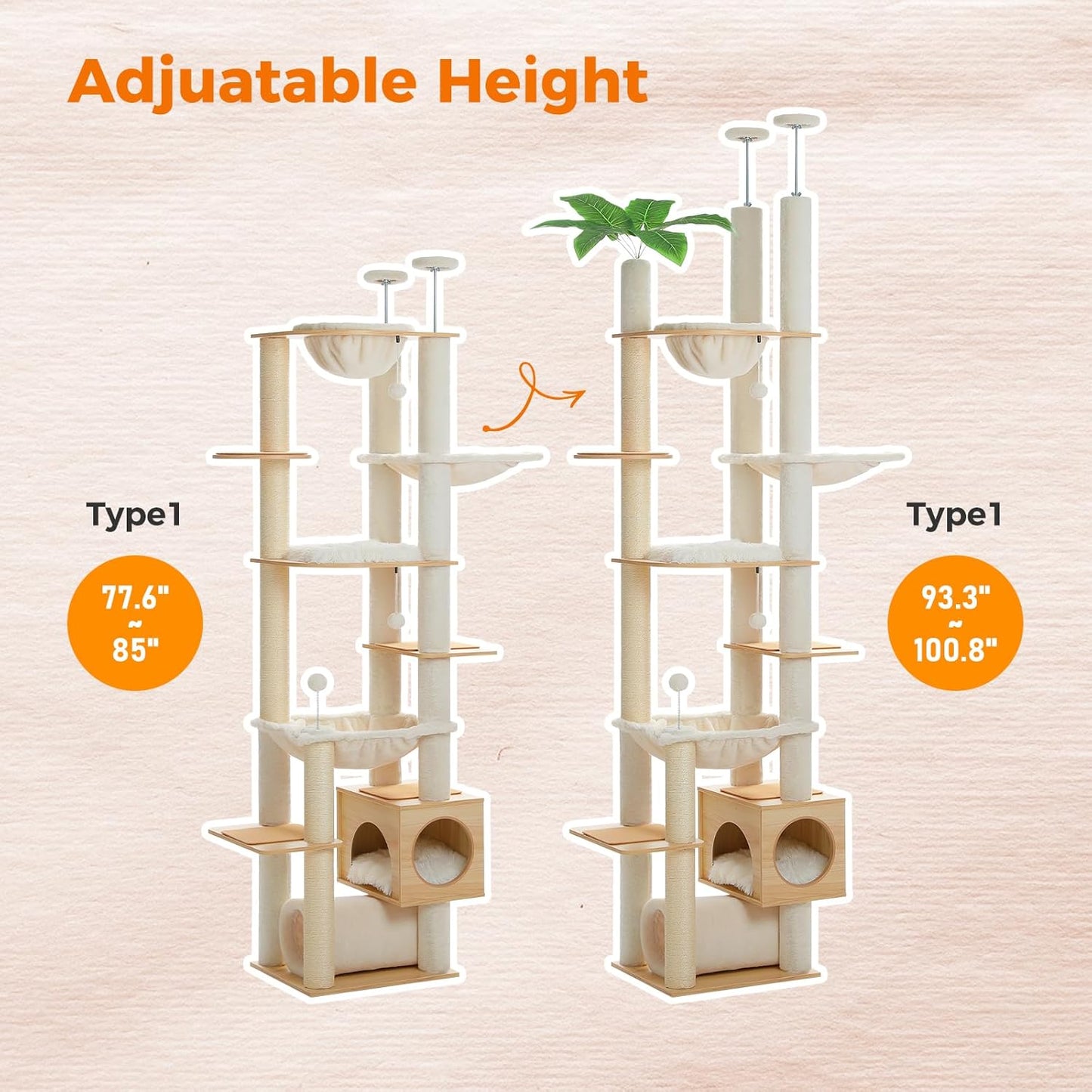 Modern Adjustable Floor-to-Ceiling Cat Tree – 237–256cm Multi-Level Tower with Acrylic Bowl, Plush Hammocks & Dual Condo House