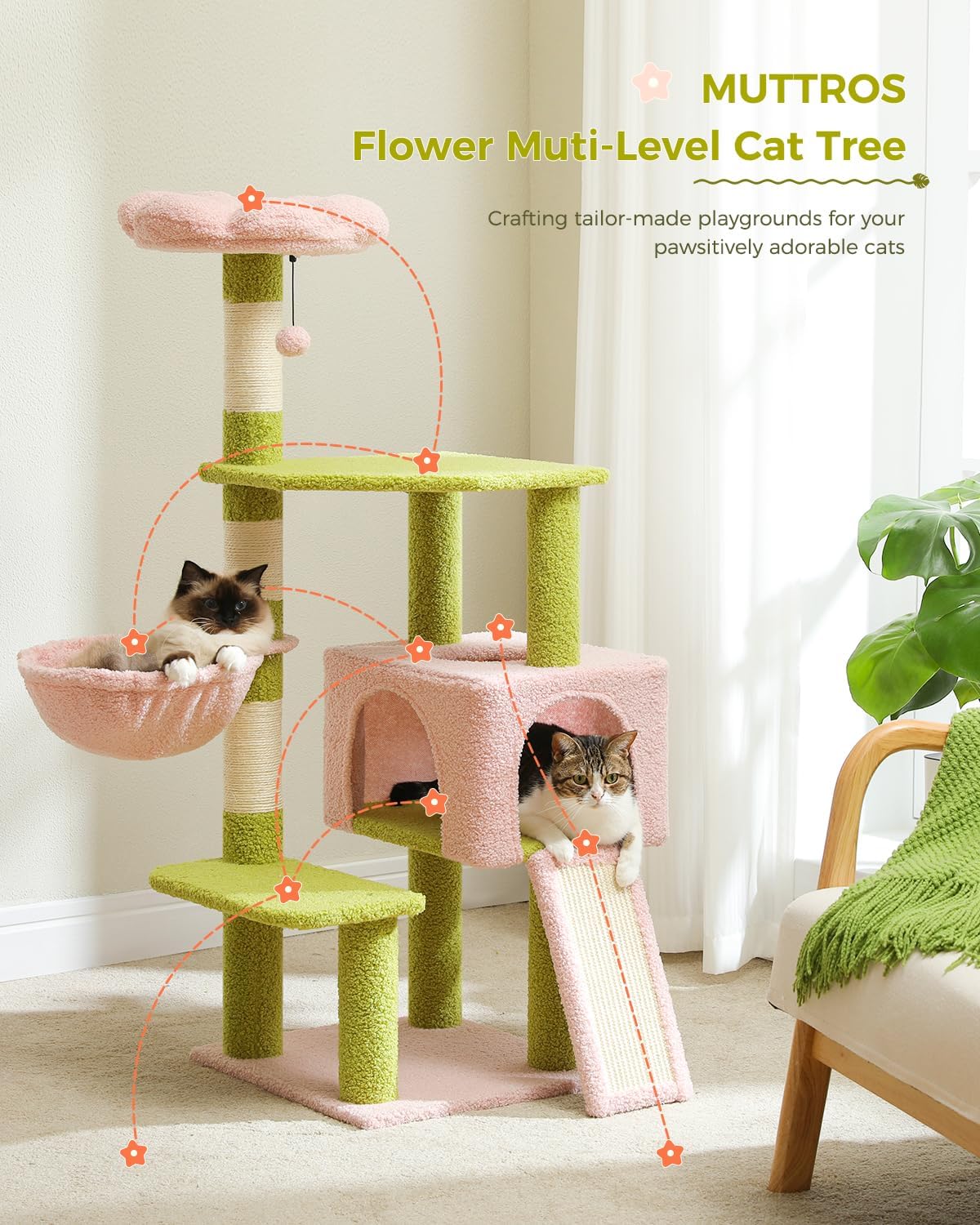 Muttros Flower Multi-Level Cat Tree with two cats on a light-colored floor.
