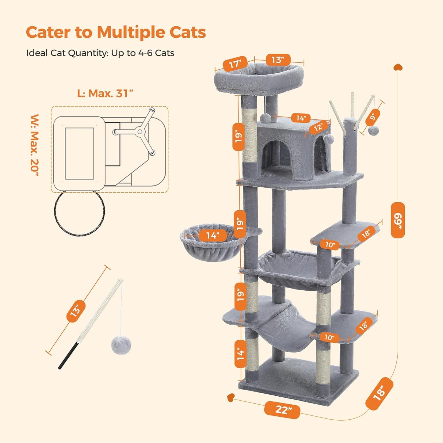 Cat tree with dimensions and features on a beige background