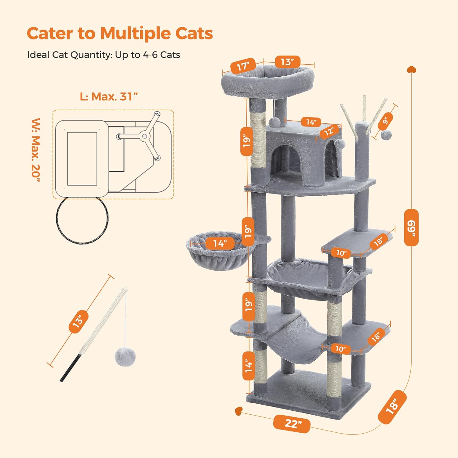 Cat tree with dimensions and features on a beige background