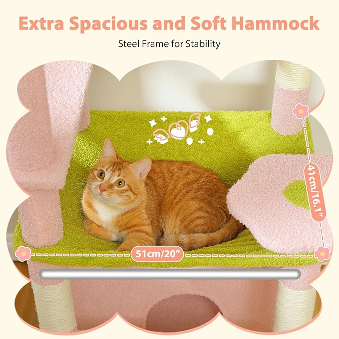 Cat lying on a green hammock with pink sides, labeled 'Extra Spacious and Soft Hammock' and 'Steel Frame for Stability'.