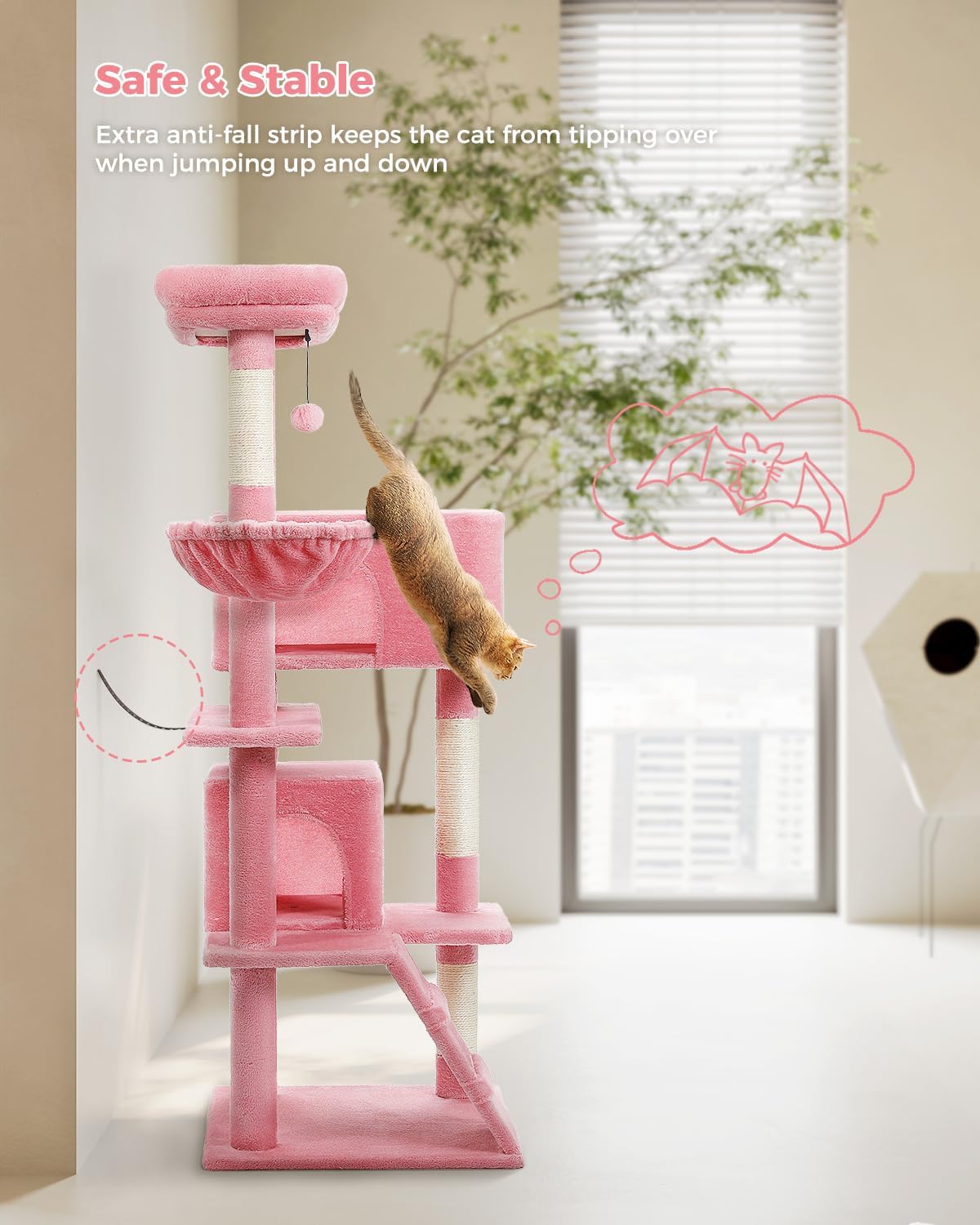 Pink cat tree with a cat climbing on it, set against a neutral background.