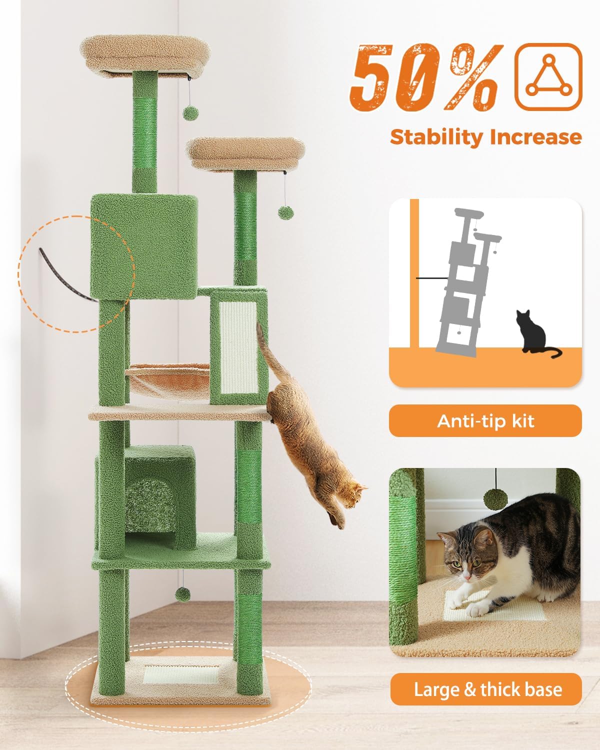 Pawz Road Cactus Cat Tree, 70.9" Tall Cat Tree for Indoor Cats, Large Cat Tree for Large Cats, Multi-Level Tall Cat Tower with 6 Scratching Posts, 2 Cat Condos, 2 Perches, Large Hammock, Pompoms, Green