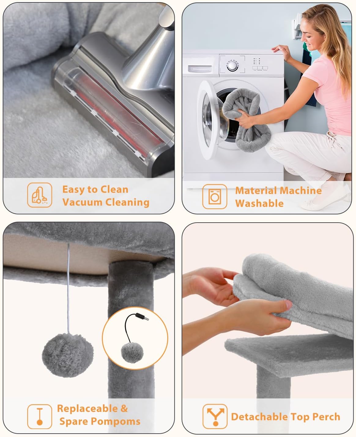 pawz road Collage of a pet climbing toy with features highlighted, including vacuum cleaning, washability, replaceable pom-poms, and detachable top perch.