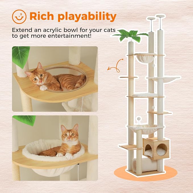 Modern Adjustable Floor-to-Ceiling Cat Tree – 237–256cm Multi-Level Tower with Acrylic Bowl, Plush Hammocks & Dual Condo House