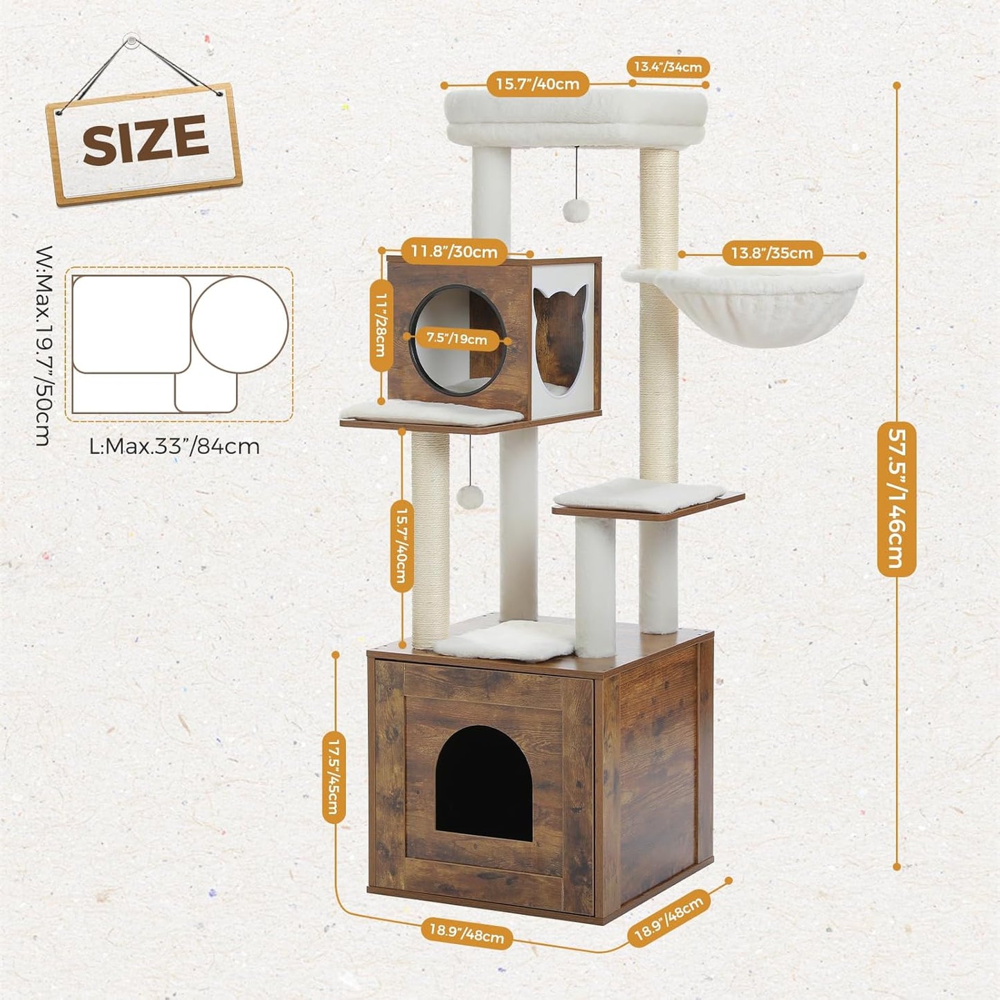 Modern Walnut Cat Tower with Hammock & Condo – 146cm Multi-Level Design