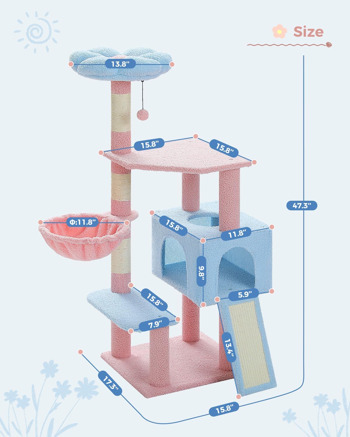 Measurement chart of a pink and blue cat tree with dimensions labeled.