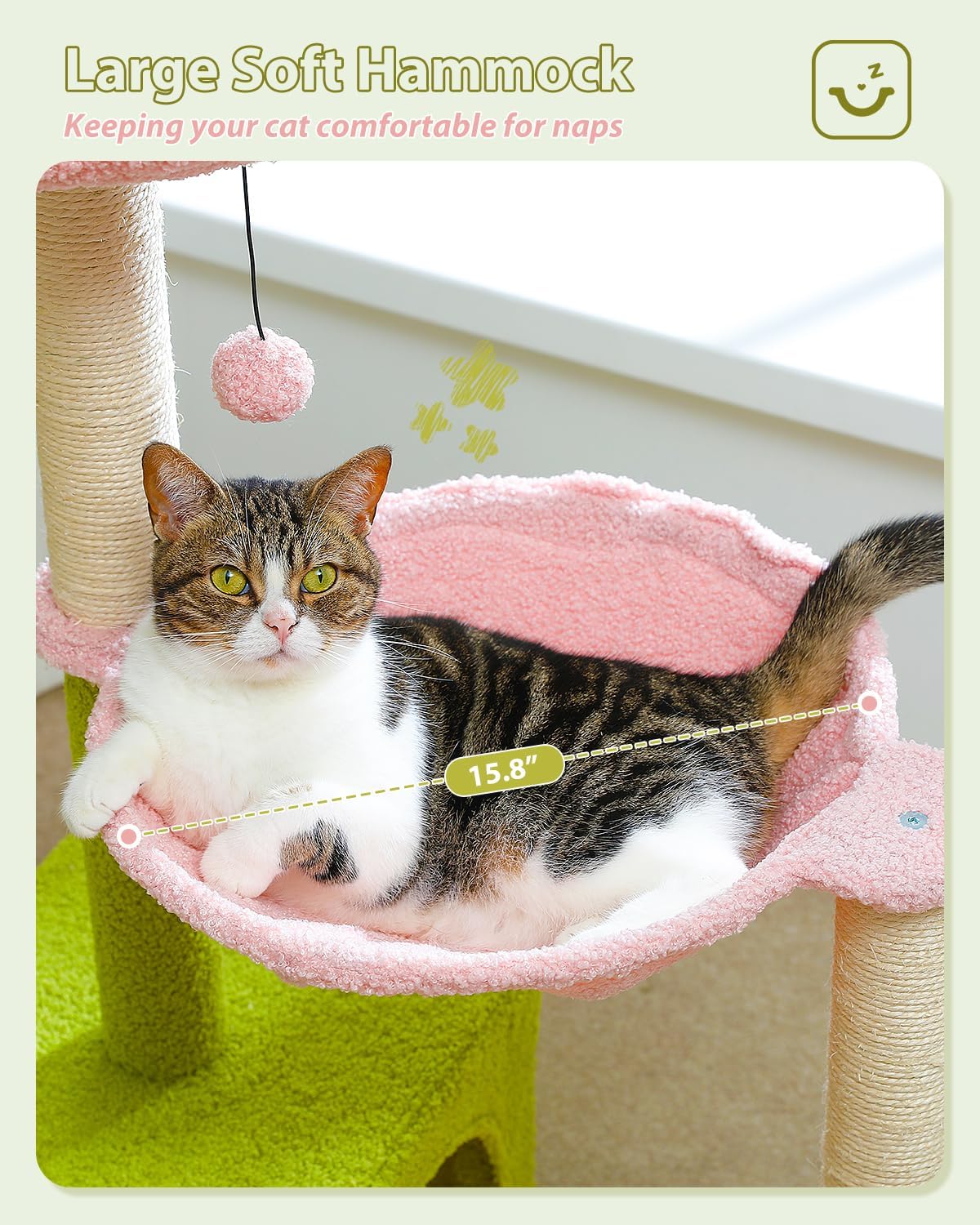 pawz road Cat sitting on a large soft hammock with a green base and pink cushion, labeled 'Large Soft Hammock'.