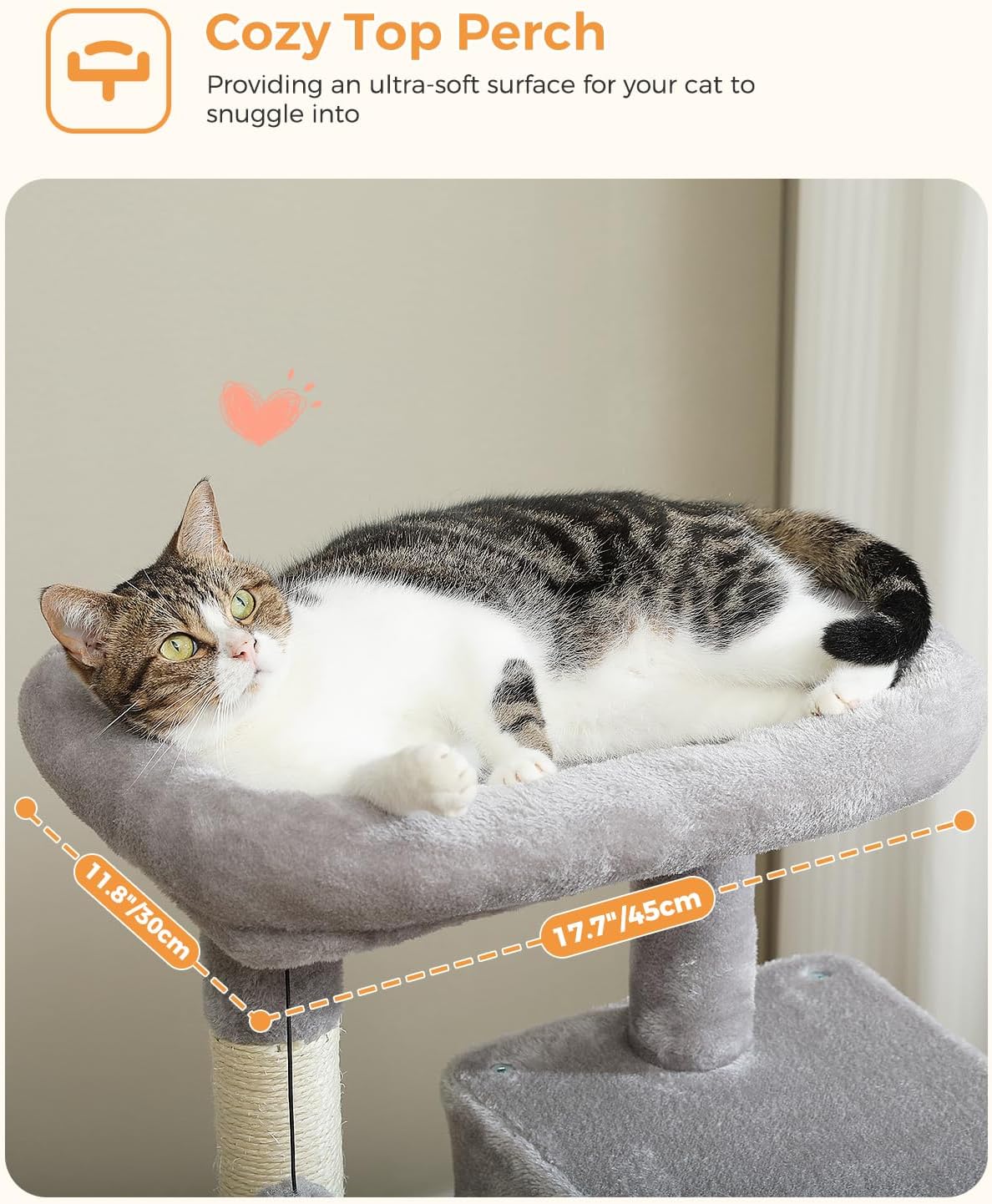 pawz road Cat lounging on a gray cat tree with dimensions indicated, set against a neutral background.