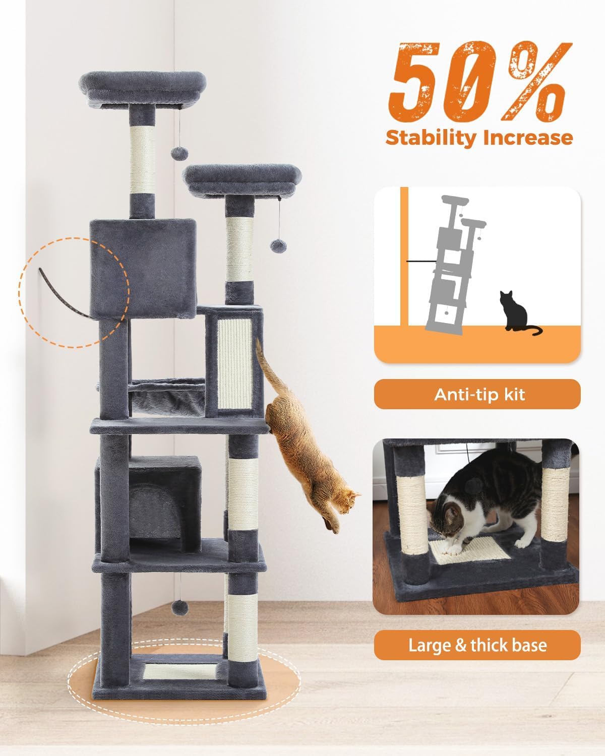 Pawz Road Large Cat Tree for Indoor Cats [70.9"=180cm], Tall Cat Tower for Large Cats, Multi-Level Plush Arbre à Chat with 6 Scratching Posts, 2 Condos, 2 Perches, Hammock, Pompoms, Dark