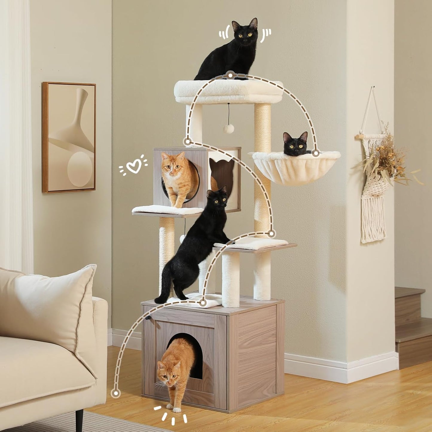 Pawz Road Modern Wooden Cat Tower – Multi-Level Tree with Storage Base, Condo & Hammock