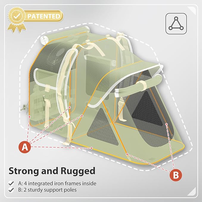 Diagram of a green and beige tent with labeled features on a gray background