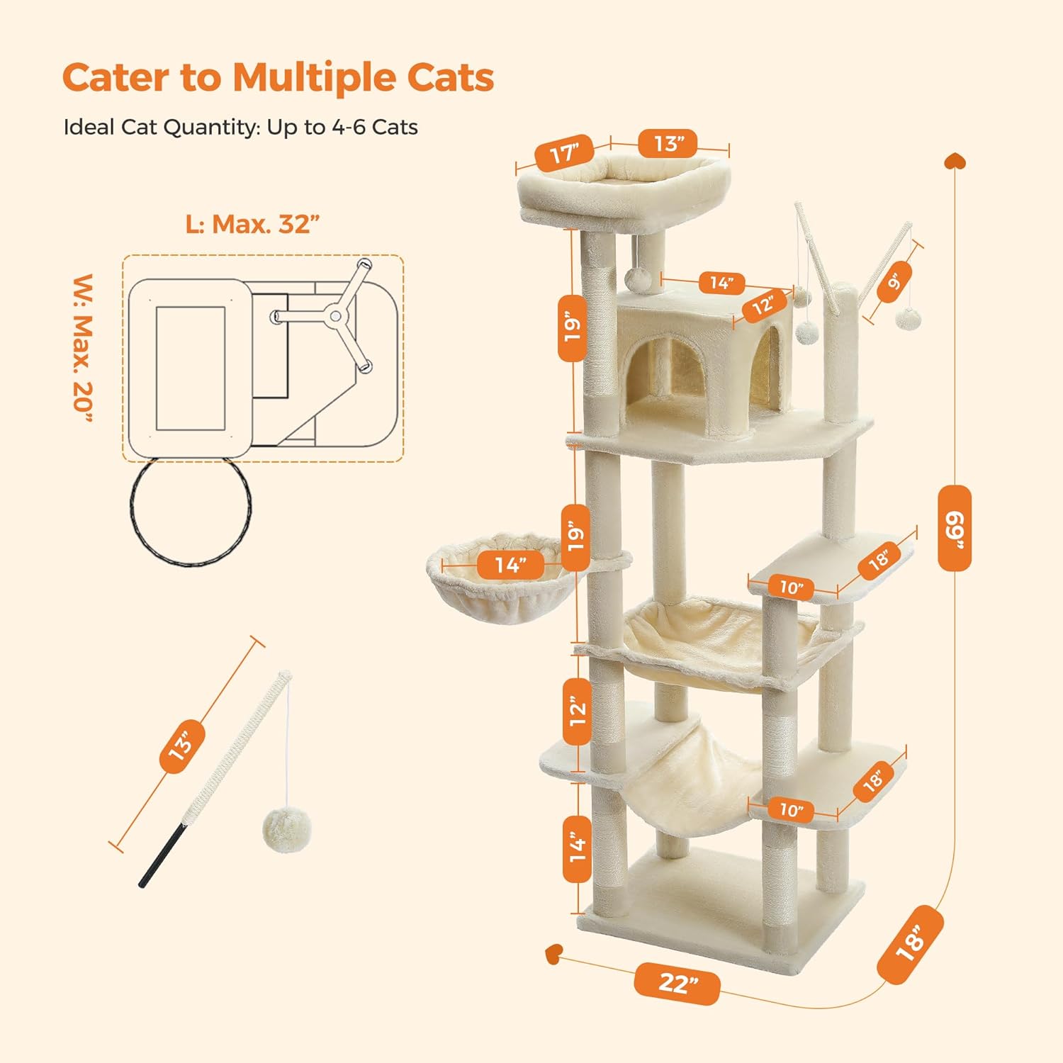 pawz road Cat tree with dimensions and features on a beige background