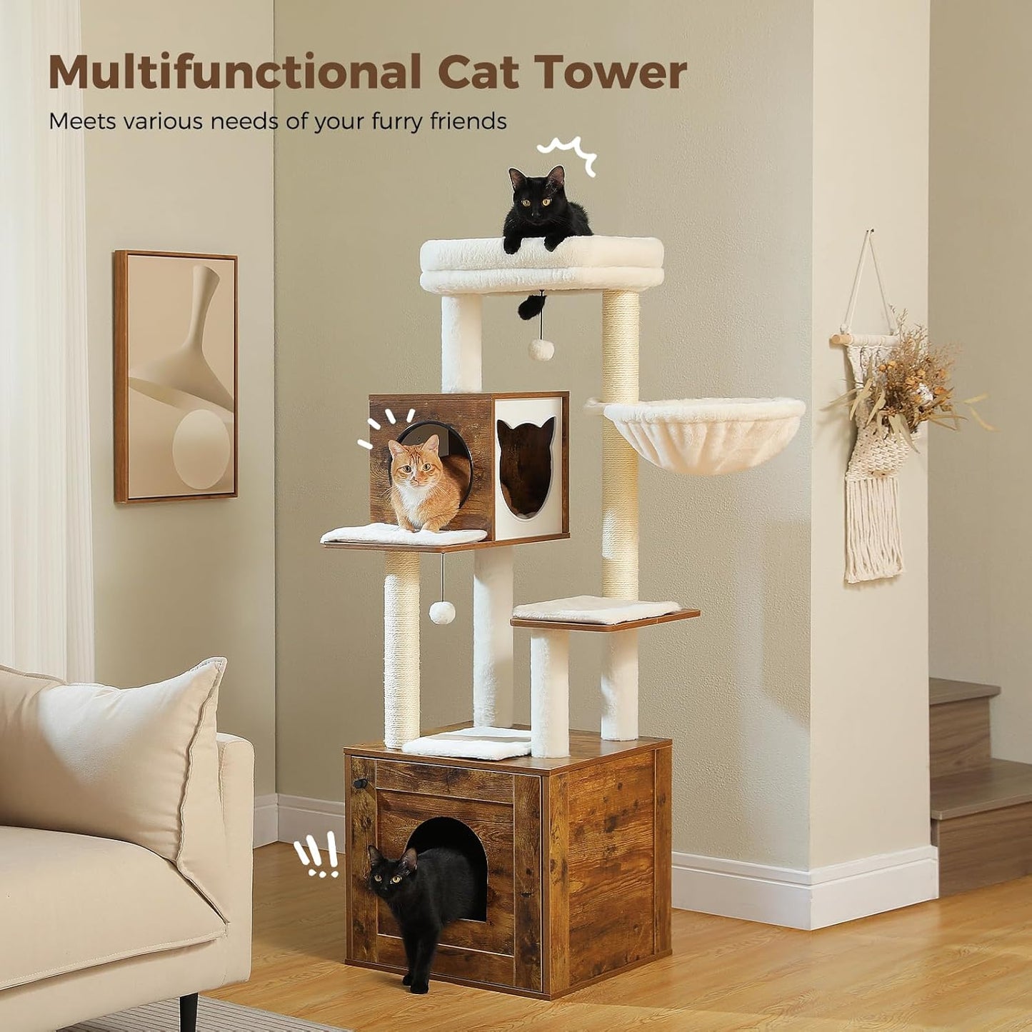 Modern Walnut Cat Tower with Hammock & Condo – 146cm Multi-Level Design