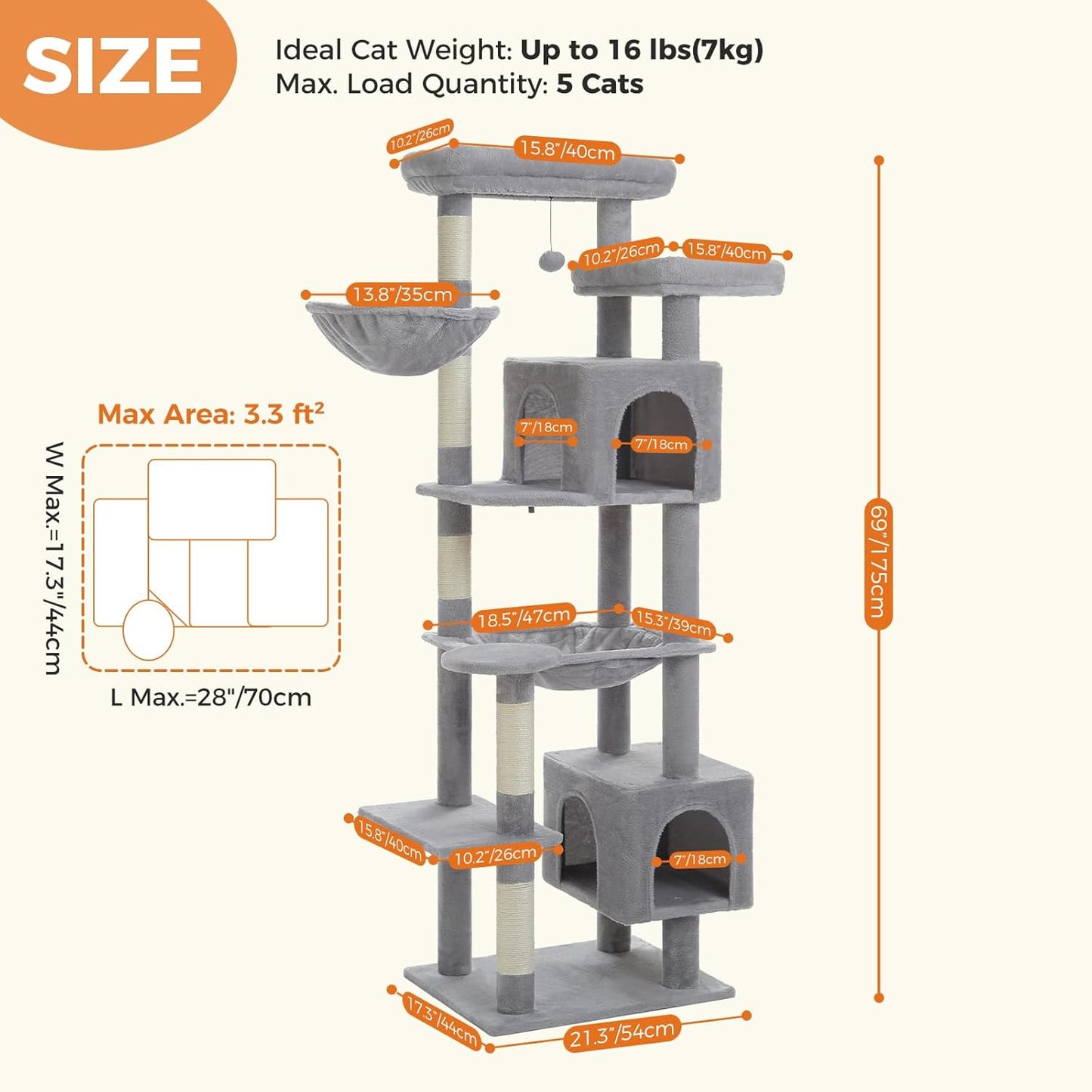 Cat tree with dimensions and weight capacity information on a white background