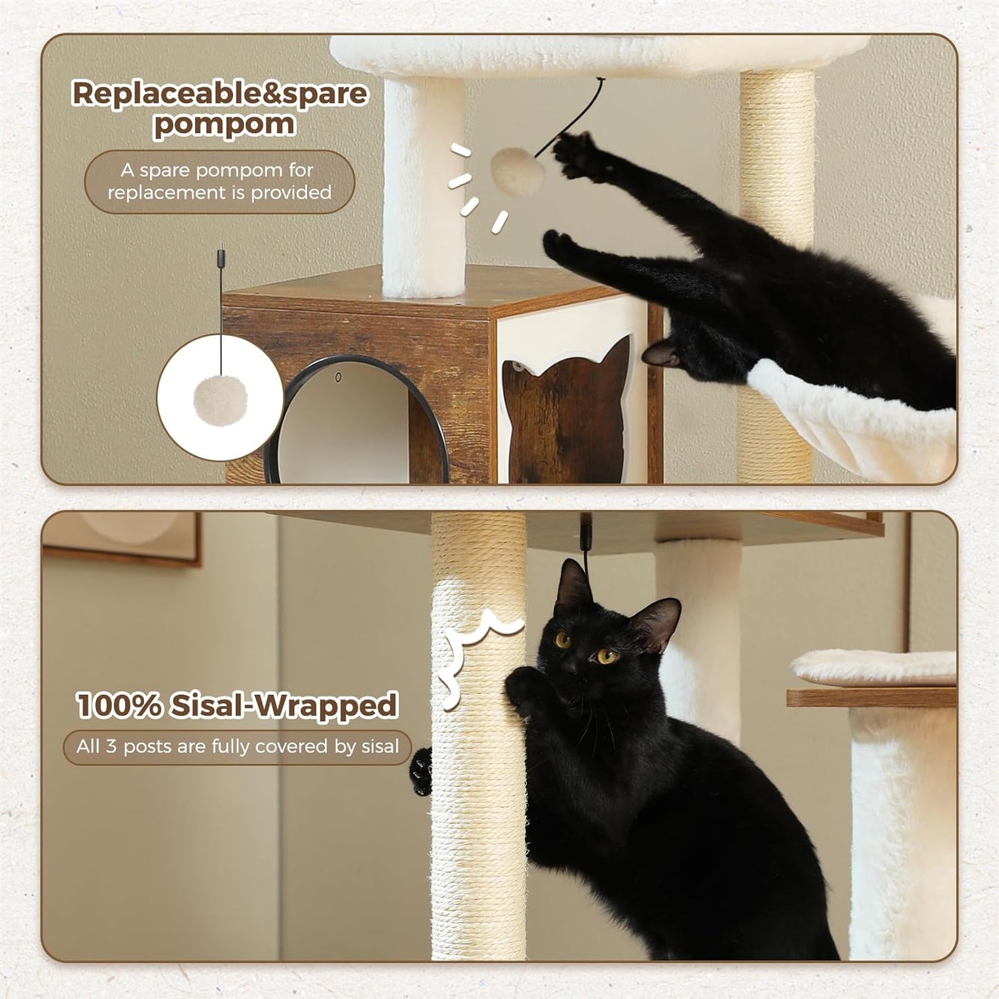 Modern Walnut Cat Tower with Hammock & Condo – 146cm Multi-Level Design