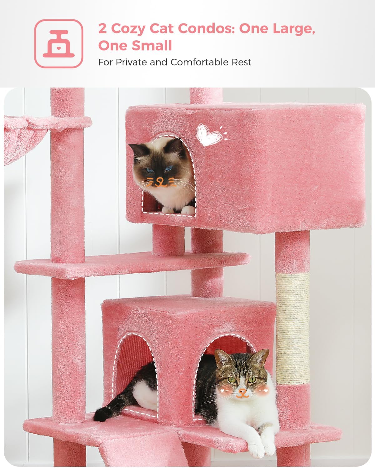 Pink cat tree with two cats inside, labeled '2 Cozy Cat Condos: One Large, One Small'.