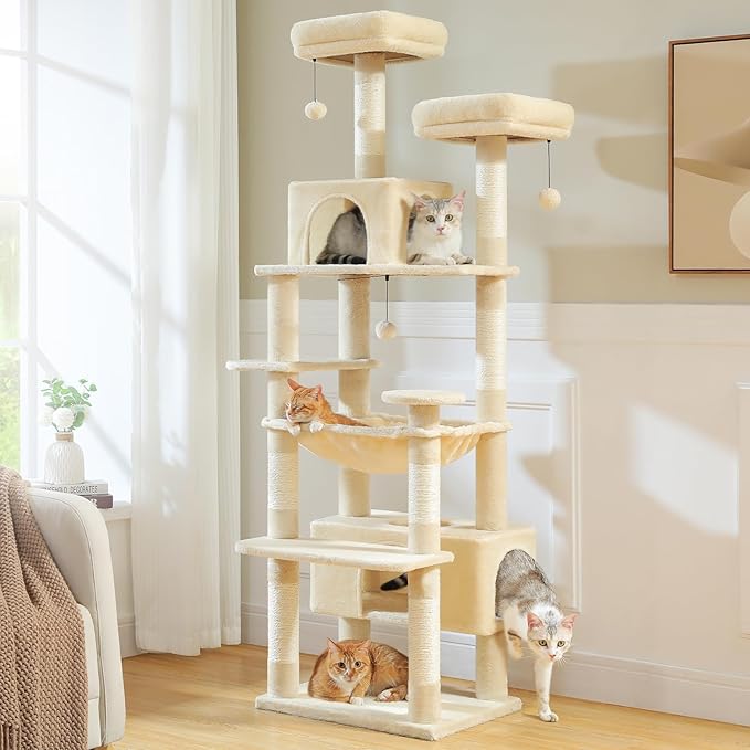 Cat tree with multiple levels and perches in a room with light-colored walls and a window.