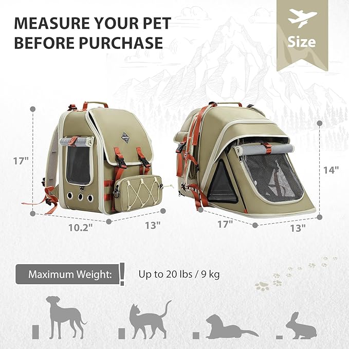 Pet carrier with dimensions and weight capacity on a light background