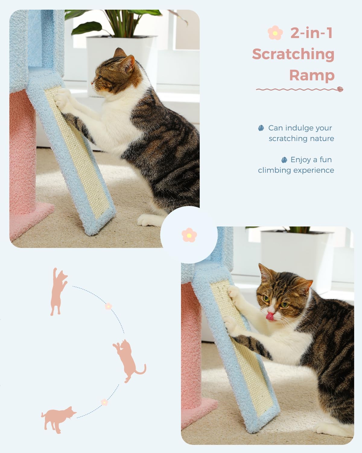 Cat using a 2-in-1 scratching ramp with text describing its features.