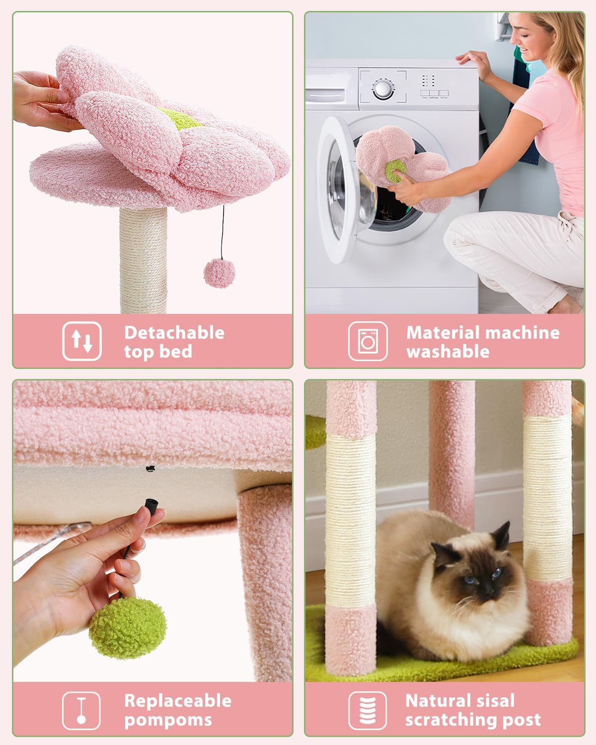 Collage of a pink cat tree with features highlighted, including detachable top bed, machine-washable material, replaceable pompons, and natural sisal scratching post.