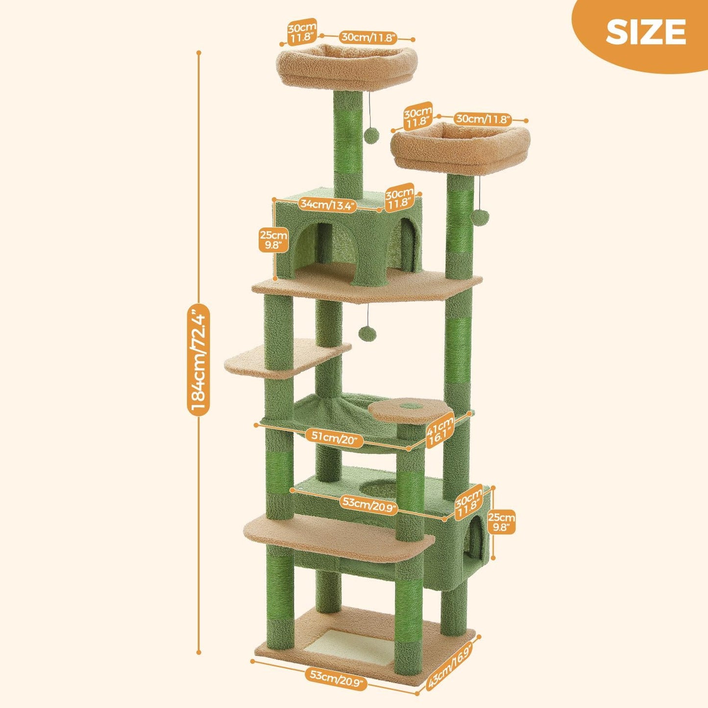 Green and beige cat tree with dimensions on a white background