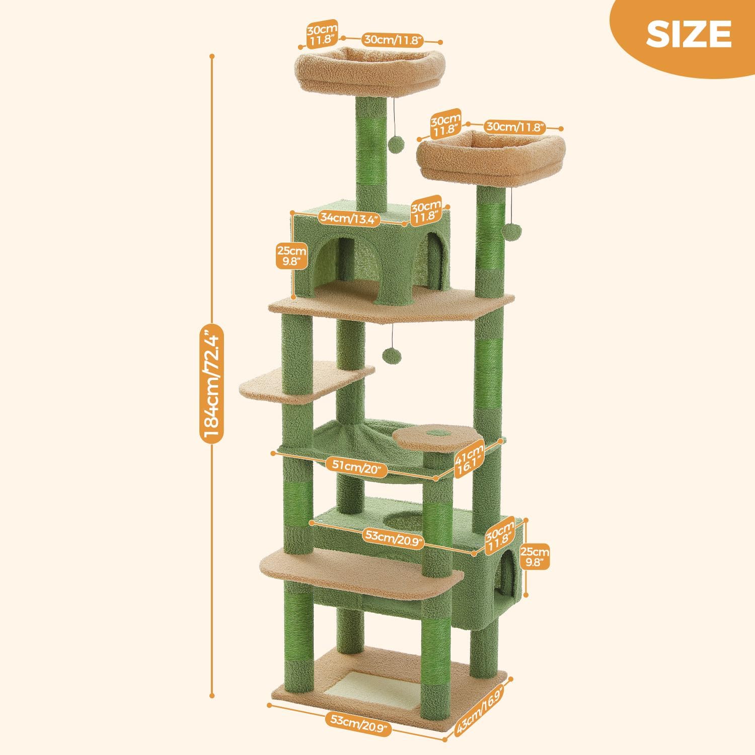 Green and beige cat tree with dimensions on a white background