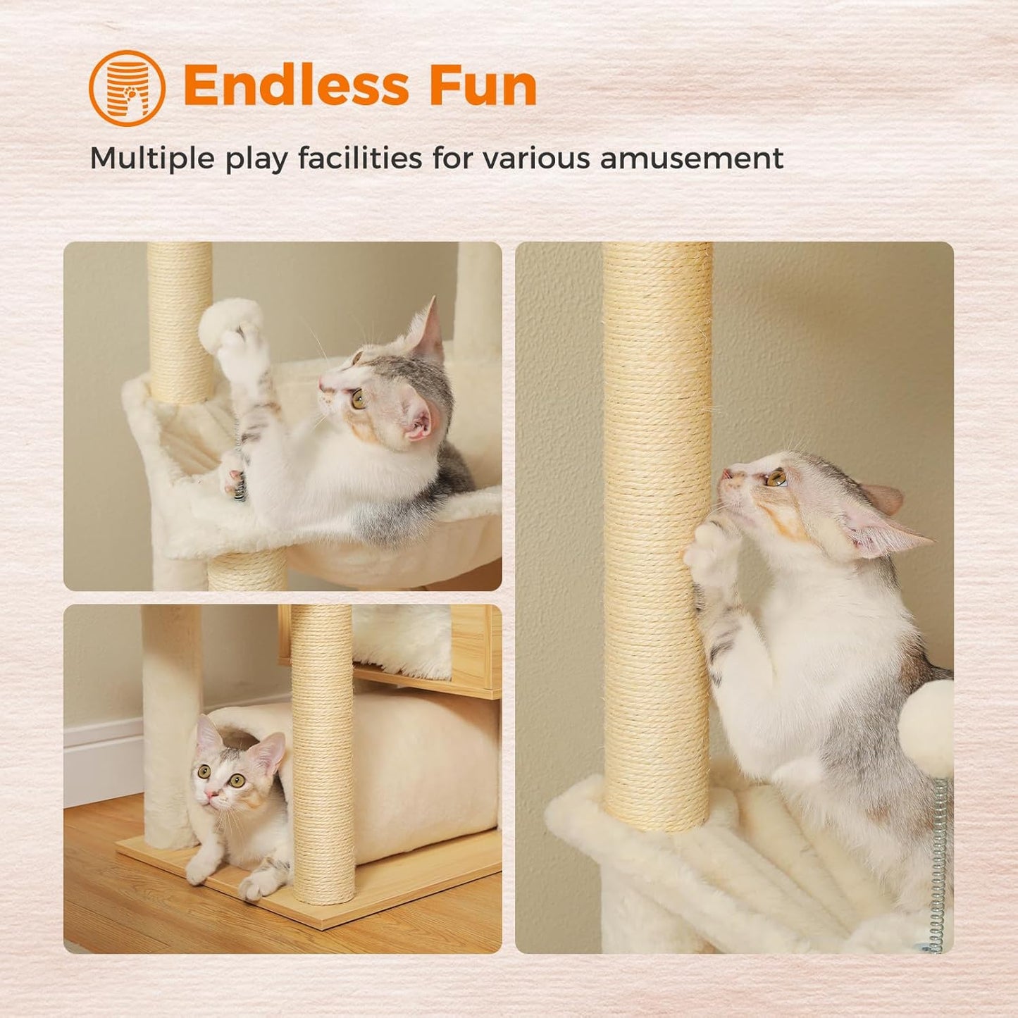 Modern Adjustable Floor-to-Ceiling Cat Tree – 237–256cm Multi-Level Tower with Acrylic Bowl, Plush Hammocks & Dual Condo House