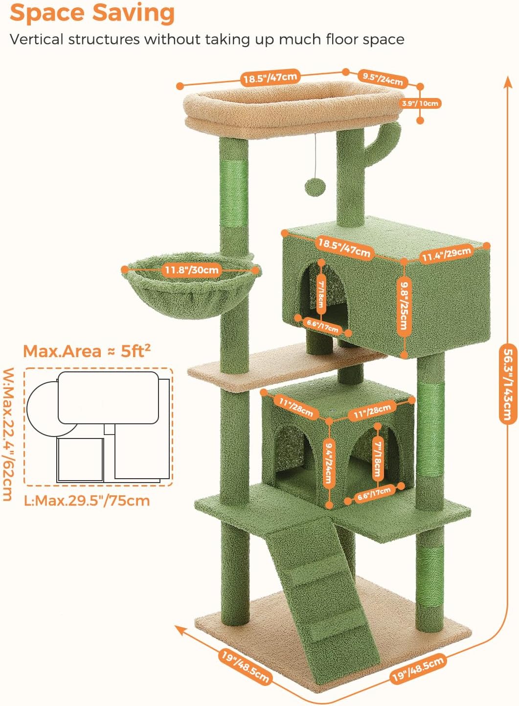 Green and brown cat tree with measurements on a white background