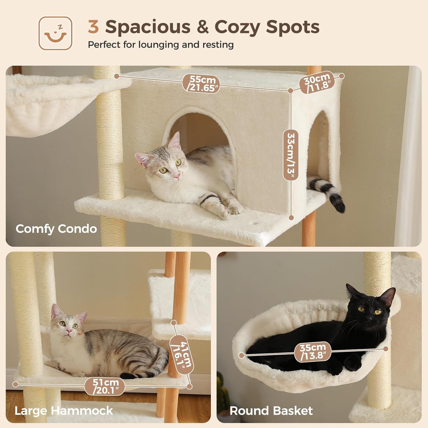 Cat tree with three cat lounging spots labeled 'Comfy Condo', 'Large Hammock', and 'Round Basket'.